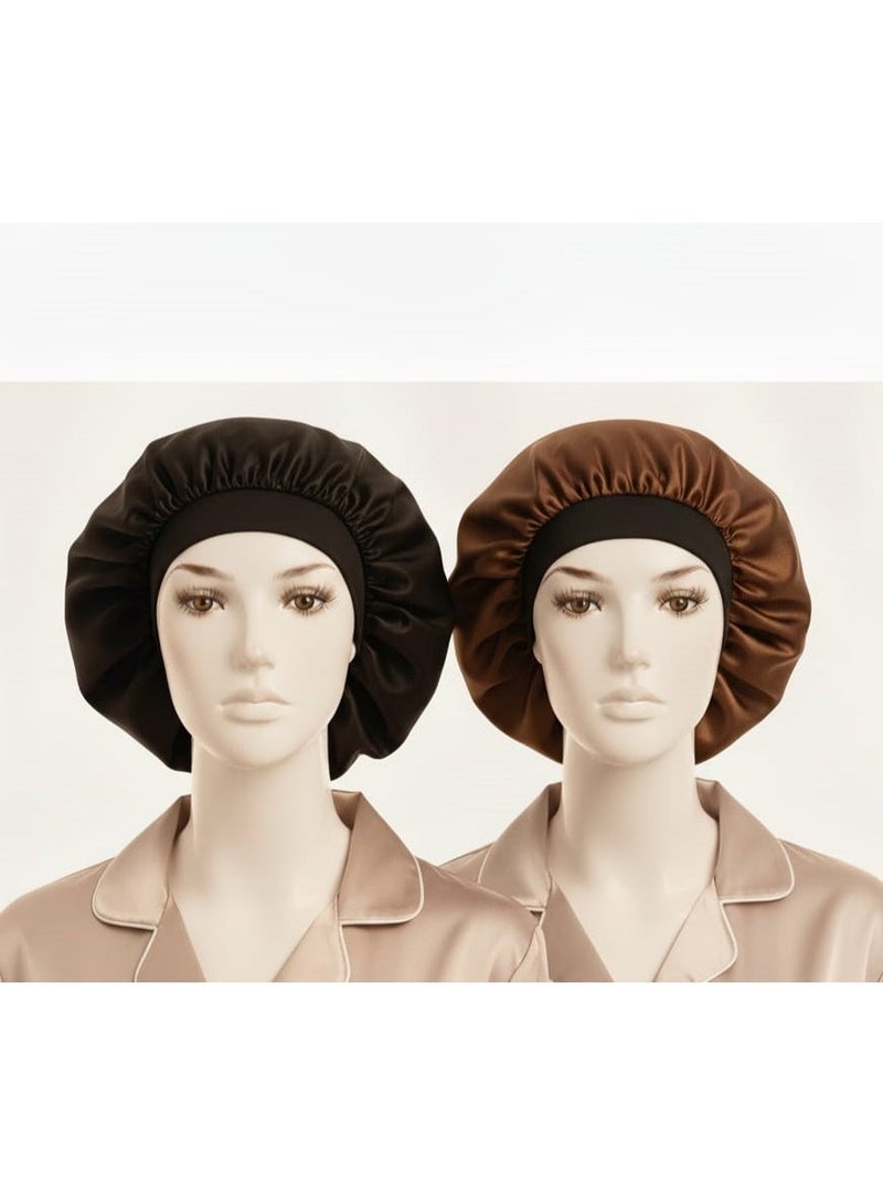 2-Piece Satin Hair Bonnet Set – For Sleep and Shower, Soft and Durable, Two Colors – Satin Bonnet, Hair Bonnet, Sleep Bonnet, Shower Bonnet, Curly Hair Bonnet, Long Hair Bonnet, Short Hair Bonnet, Soft Bonnet, Durable Bonnet, Hair Care. - Image 1